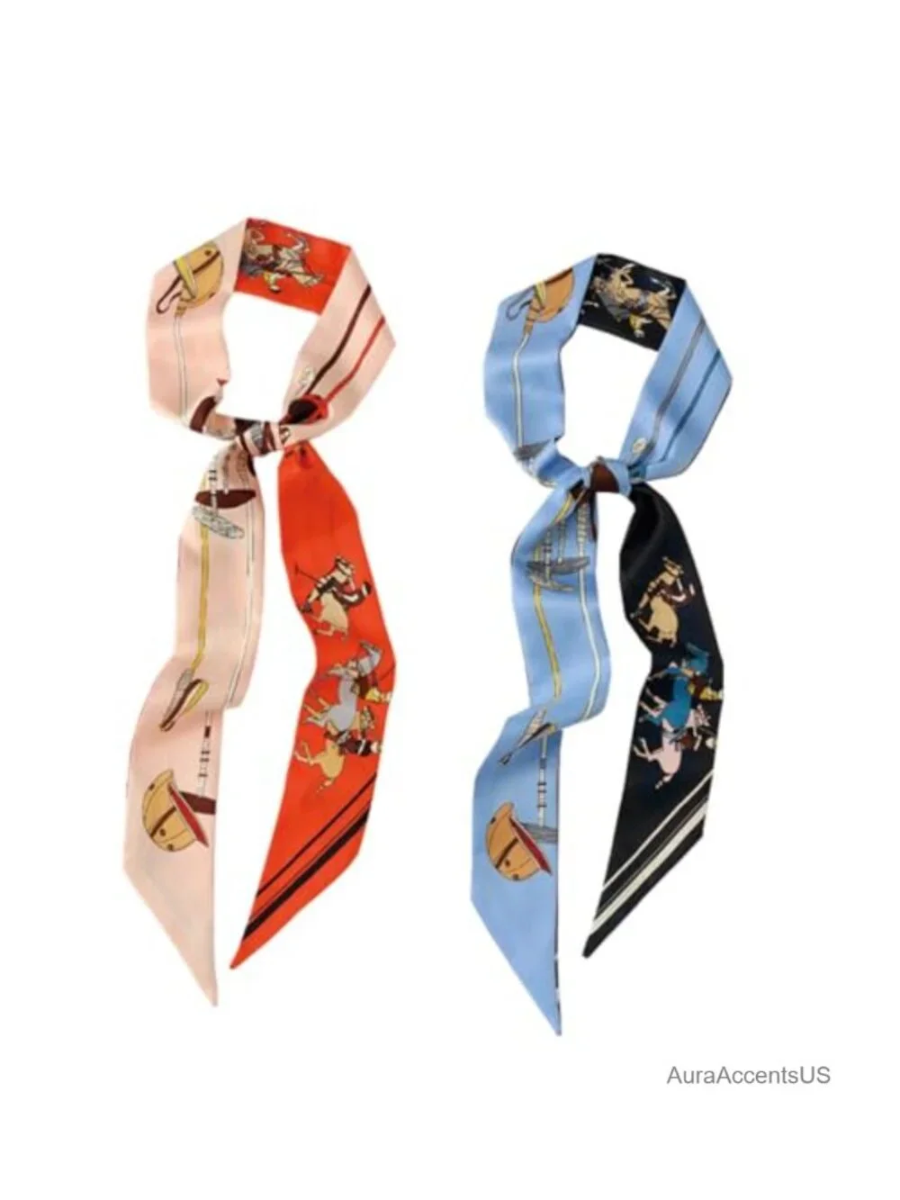 2 Pack Silk Fashion Skinny Scarf for Women, Long Neckerchief, Hair Ribbon,